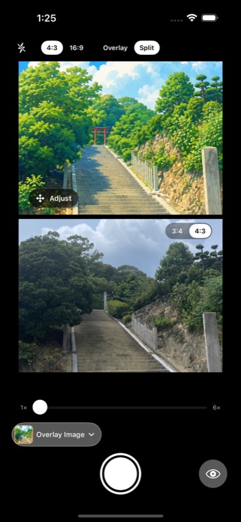 Comparing the reference image and the live frame side by side